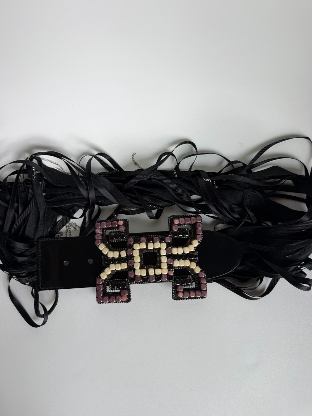 Patrizia Pepe Black Fringe Tie Belt Ribbons w Chain with Beaded Geometric Buckle